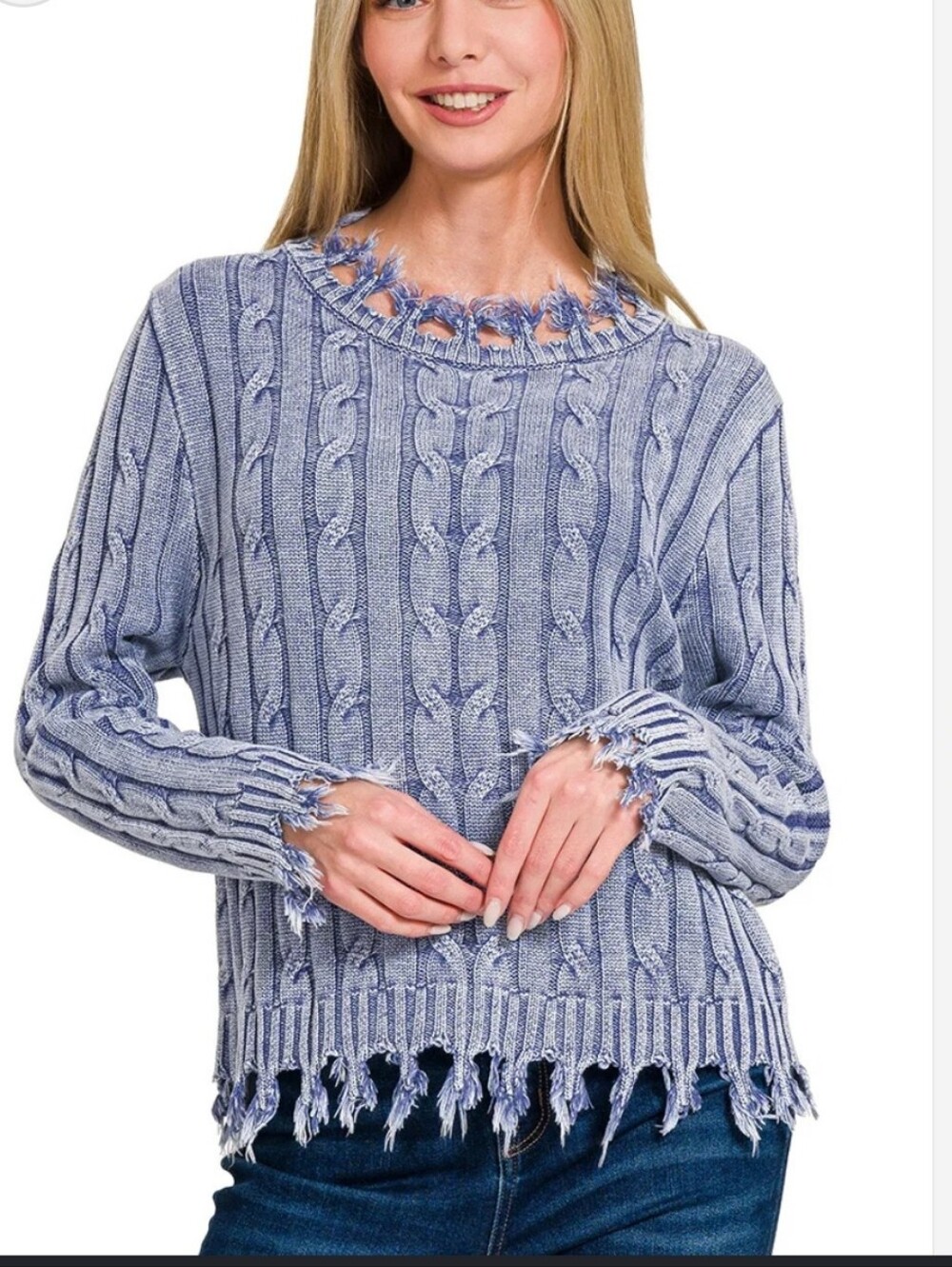 Zenana mineral wash Design Cable Knit Sweater Frayed Detail Blue Sz L Semi Crop